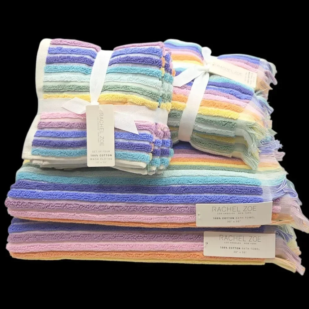 Rachel Zoe 8pc Rainbow Striped Fringe Cotton Towel Set 2 Bath 4Wash 2Hand Multi